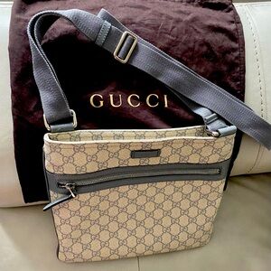 Authentic Gucci GG monogram gray canvas messenger bag (flat).